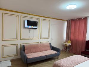 a living room with a couch and a tv on a wall at SCI IMMO PARIS PORTE DE CHOISY in Paris