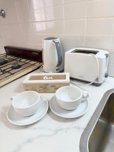 a kitchen counter with two plates and a toaster at Deluxe Nueva Casa in General Alvear