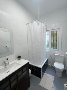 a white bathroom with a toilet and a sink at Pensión El Pozo in Cudillero