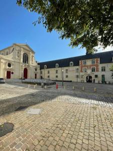 a large building with a red fire hydrant in front of it at Le Charmant Bailla Science-Po in Reims