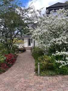 a white flowering tree in front of a white house at Dünenhaus Garten in Timmendorfer Strand