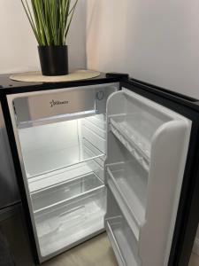 an empty refrigerator with its door open with a potted plant at Uniri Urban Escape in Craiova