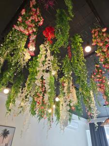 a bunch of flowers hanging from a ceiling at Botanica Noir Jacuzzi Valaoritou in Thessaloniki