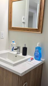 a bathroom counter with a sink and a mirror at Befitting Crown Suite in Moncton