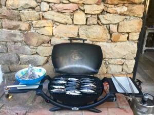 a black grill with a bowl of food in front of a stone wall at Holiday House La Teja in Facinas +37 photos