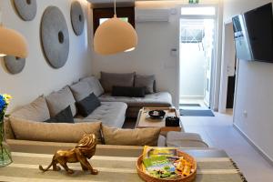 a living room with a couch and a dog on the floor at Villa LEO AIGINA in Vathí
