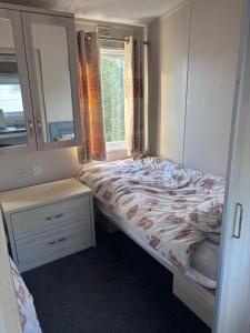 a bedroom with a bed with a dresser and a mirror at ty newydd leisure park in Brynteg +14 photos
