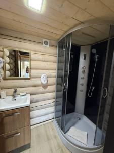 a bathroom with a shower and a sink at Verdant House in Mykulychyn +15 photos