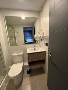a bathroom with a toilet and a sink and a mirror at Ápice del bosque in Temuco