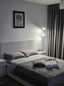 a bedroom with a bed and a lamp and a window at Wonderful Apartment in Braşov
