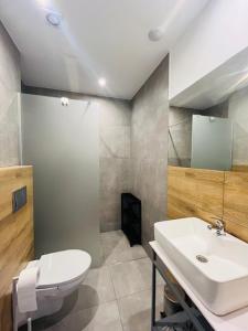 a bathroom with a white toilet and a sink at Amonit 35 in Podlesice