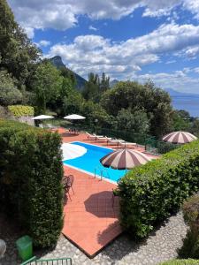 a swimming pool with two umbrellas and chairs at Il Casalino in Maratea