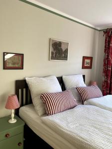 a bedroom with two beds with pillows and a lamp at Ferienhaus Bothmer in Schwarmstedt +111 photos