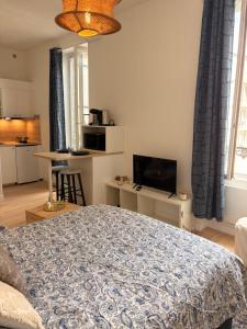 a living room with a bed and a kitchen with a kitchen at Studio de Dallet - Coeur de Ville in Clermont-Ferrand