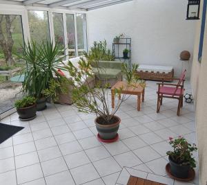 a patio with potted plants and a table and chairs at gite du canal in Ormoy