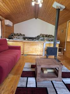 a living room with a red couch and a table at Cabana trenulețelor in Lunca Mare