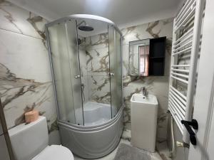a bathroom with a shower and a toilet and a sink at Nord Accomodation in Bucharest +20 photos