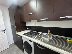 a kitchen with a sink and a washing machine at Nord Accomodation in Bucharest