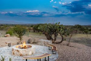 a fire pit with two benches and a tree at Villa Lua, 2BR Countryside Bungalows for 6 Guests in La Talega