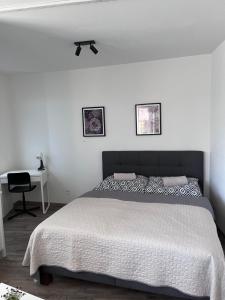 a bedroom with a large bed and a desk at Wolkerovka Apartment 1 in Olomouc