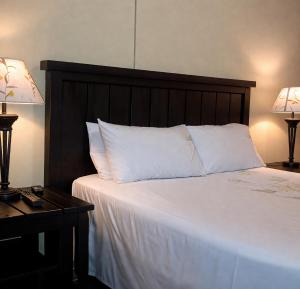 a bedroom with a bed with white sheets and two lamps at Gaecho Guesthouse in Thaba Nchu