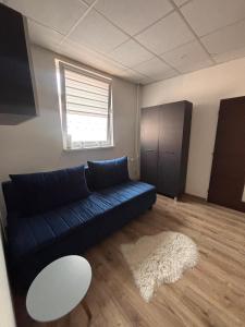 a living room with a blue couch and a white rug at Cozy place in Stará Ľubovňa