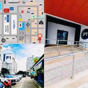 a collage of photos of a building with different logos at Impact poppula P1 by เจี๊ยบ in Thung Si Kan