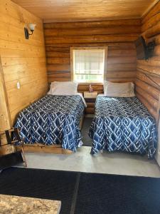 two beds in a room with wooden walls at Modern studio Cabin in Tok