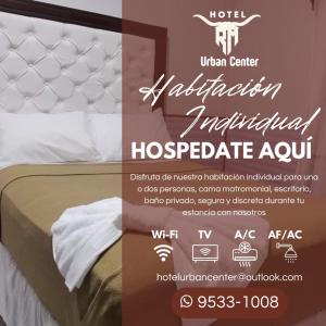 a poster for a hospitalizationicist hospitable event with a bed at Hotel Urban Center RM in San Marcos
