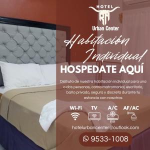 a poster for a hotel with a bed in a room at Hotel Urban Center RM in San Marcos