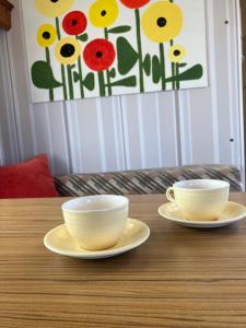 two white cups and saucers on a wooden table at Retro stekje in Nieuwerkerk +6 photos