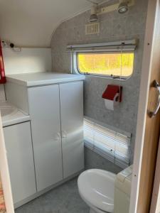 a small bathroom with a toilet and a window at Retro stekje in Nieuwerkerk