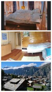 two pictures of a bedroom with a bed and a mountain at Chalet Adler in Grächen