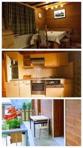 a kitchen and a dining room with a table at Chalet Adler in Grächen
