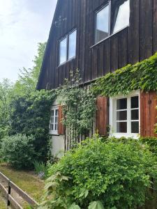 an ivy covered house with windows and a fence at Ferienhaus Witta in Radebeul