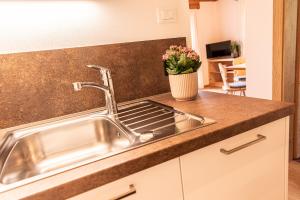 a kitchen with a sink and a counter top at Haus Lohengrin Ferienwohnung 2 in Siusi +19 photos