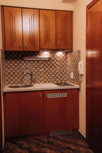 a kitchen with wooden cabinets and a sink at Villa Dislievski in Ohrid