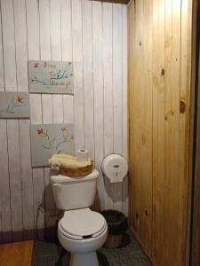 a bathroom with a toilet in a wooden wall at Cabañas Alma Serrana in San Jose del Pacifico