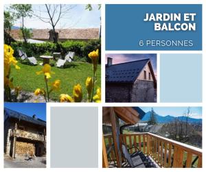 a collage of pictures of a garden and a house at Rando, ski & lac, grand appartement 6 personnes - Lac de Serre ponçon in Prunières