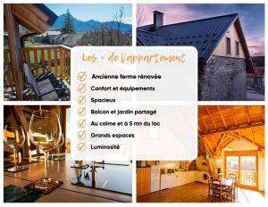 a collage of pictures of a home with a sign at Rando, ski & lac, grand appartement 6 personnes - Lac de Serre ponçon in Prunières +19 photos