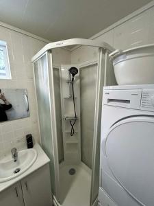 a small bathroom with a shower and a sink at Chic Townhouse - Views Telescope Balcony BBQ in Siglufjörður +42 photos