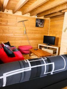 a living room with a red couch and a tv at O'Doubs Chalet in La Chaux Neuve