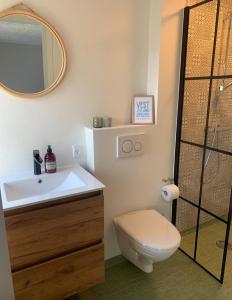 a bathroom with a toilet and a sink and a mirror at Kroghuset - Det Lille Hotel in Tarm +34 photos
