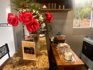 a table with a vase with red flowers on it at Recanto Miramonti Refúgio com Vista in Cristina +15 photos