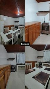 a kitchen with wooden cabinets and a table with chairs at Sitio Vale Verde da Serra in Monte Verde +32 photos