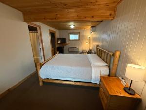 a bedroom with a bed and a table and a lamp at Rustic Inn in Park Rapids