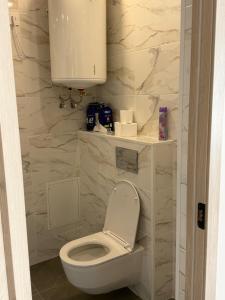 Eine weiße Toilette in einem Badezimmer mit Marmorwänden in der Unterkunft 5A Group in Līvāni