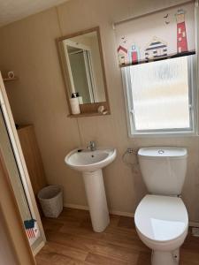 a bathroom with a toilet and a sink and a mirror at Holiday Caravan Orchards Holiday Village in Brightlingsea +11 photos
