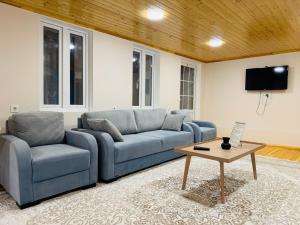 a living room with a blue couch and a table at The House 39 in Sheki