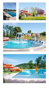 three pictures of a pool with a water park at MEGA WEEKEND Apartment in Salzkammergut Nähe Attersee Traunsee Gmunden Bergen in Attnang-Puchheim